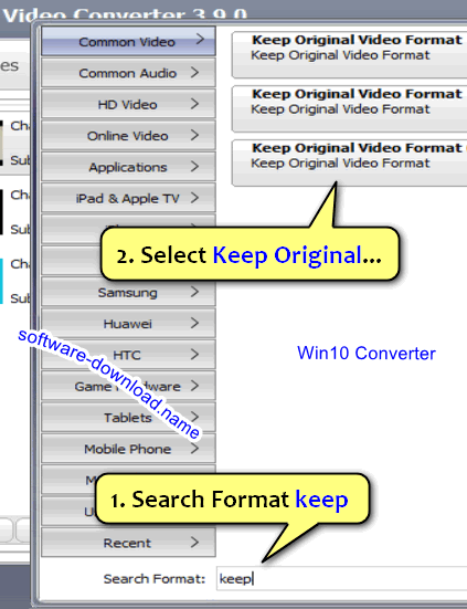 Search Output Format "Keep Original Video Format" in Windows 10 format Converter Editor